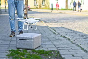 White kvadrocopter ready to fly. A beautiful drone for photos and videos and clearance for his...