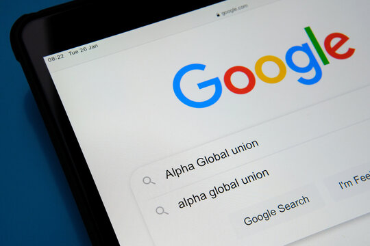 Alpha Global Union Words Seen Typed In Google Search Bar On The Tablet Screen. Alphabet Workers Are Announcing Alpha Global, A New Global Union Alliance. Stafford, United Kingdom - January 26 2021.