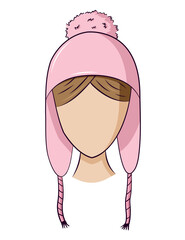 A pink earflap hat on the head of a girl without a face with hair, with a pom-pom and ties. Isolated color image with a dark outline on a white background. Doodle.