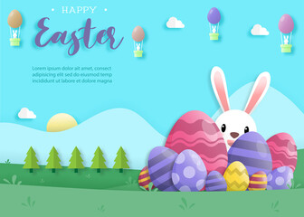 Happy easter day in paper art style with rabbit and easter eggs. greeting card, posters and wallpaper. Vector illustration.