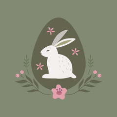 Cute bunny in scandinavian style including flowers and funny animal decorative hand drawn elements. Happy Easter. Cartoon doodle illustration
