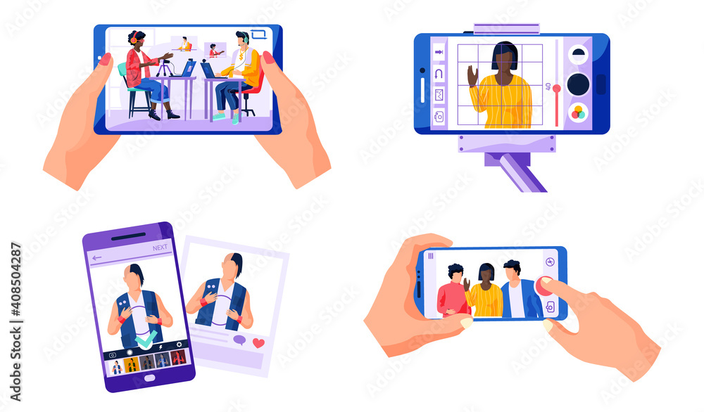 Poster people record movie using smartphone. set of four scenes, working with modern digital technologies. 