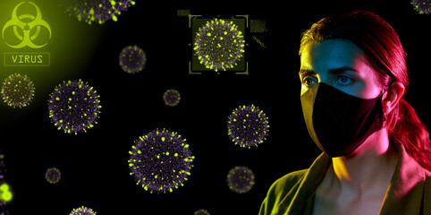 health, safety and pandemic concept - young woman wearing reusable protective mask over coronavirus...