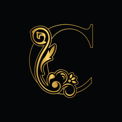 Fototapeta premium Golden letter C. flower letters. Vintage ornament initial Alphabet. Logo vector 