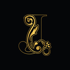 Golden letter J. flower letters. Vintage ornament initial Alphabet. Logo vector	
