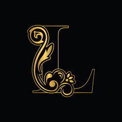 Golden letter L. flower letters. Vintage ornament initial Alphabet. Logo vector	
