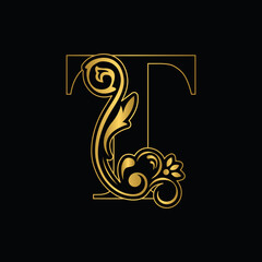 Golden letter T. flower letters. Vintage ornament initial Alphabet. Logo vector	

