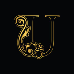 Golden letter U. flower letters. Vintage ornament initial Alphabet. Logo vector	
