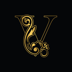 Golden letter V. flower letters. Vintage ornament initial Alphabet. Logo vector	

