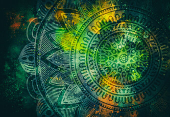 Abstract mandala graphic design and watercolor digital art painting for ancient geometric concept background