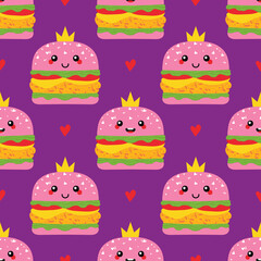Cute and happy pink cheeseburger, burger characters in crown with red hearts vector seamless pattern background.