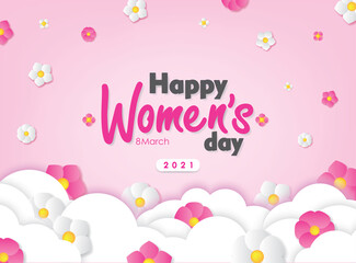 Fototapeta premium Happy Women's Day Pink Floral with Cloud Greeting Card Vector Illustration