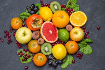 Set of varied, multicolored exotic fruits