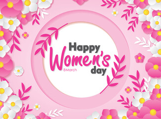 Happy Women's Day Pink Floral Greeting Card Vector Illustration
