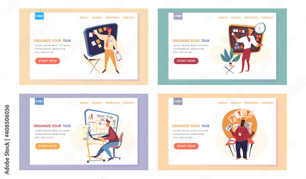 Poster organize your task landing page template with a businessman standing near board with paper notes for
