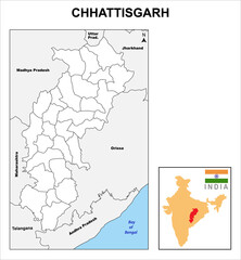 Fototapeta premium Chhattisgarh map. Chhattisgarh districts map with other state names. Chhattisgarh district map with border in highlight color.
