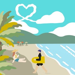 Lovers Dating at the seaside. girl drinking under a coconut tree. boy surfing by the sea. flat illustration