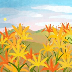 Obraz premium Orange and yellow flowers with green leaves. Grassland and mountain at sunset. Blue and pink sky background. fresh weather is fine.