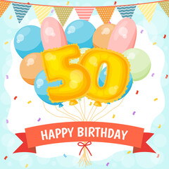Fototapeta na wymiar Happy birthday greeting card with big foil number balloon, colorful balloons, garlands decorations and confetti. vector illustration