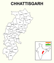 Chhattisgarh map. Political and administrative map of Chhattisgarh with the district name. Showing State boundary and district boundary of Chhattisgarh.