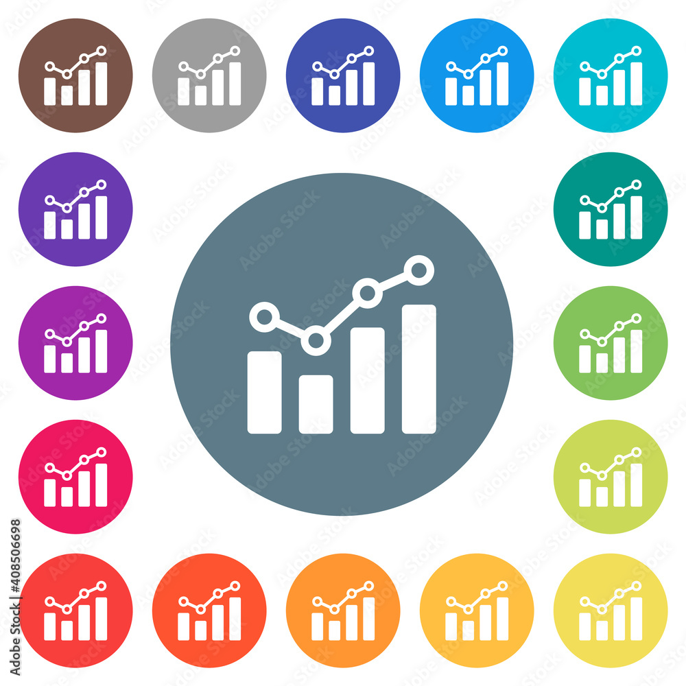 Poster bar graph with circles and lines flat white icons on round color backgrounds