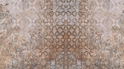 Old brown gray rusty vintage worn shabby patchwork damask motif tiles stone concrete cement wall texture background banner - obrazy, fototapety, plakaty