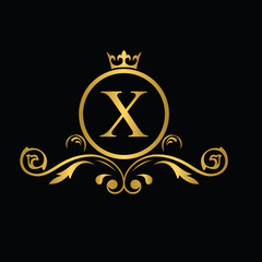 Golden letter X. flower letters. Vintage ornament initial Alphabet. Logo vector