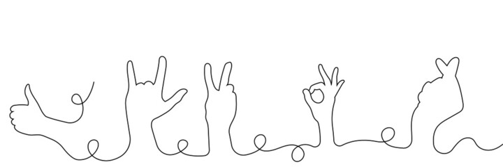 One line drawn signs with hands: ok, rock'n'roll (goat), victory, Korean love sign (heart). Vector illustration.