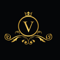 Golden letter V. flower letters. Vintage ornament initial Alphabet. Logo vector