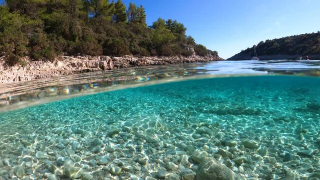 Underwater View Of Clear Water On The Adriatic Beach. Korcula Island, Croatia.