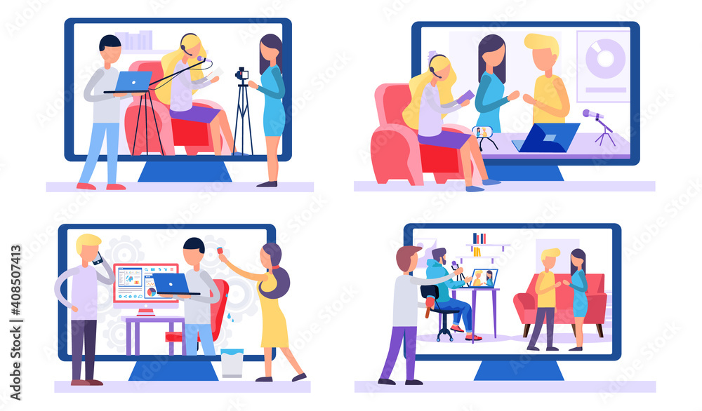 Poster set of illustrations about filming and recording tracks. people work on the background of a computer