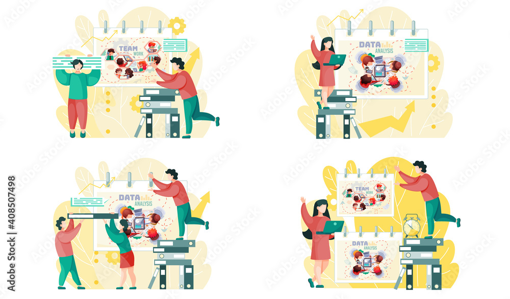 Poster data analysis teamwork scenes set. a team of analysts holds a meeting, develops a marketing strategy