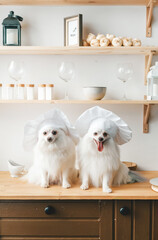 Two white spitz dogs in chef's hats.