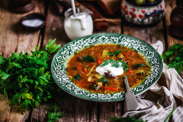 rassolnik ,traditional russian soup with pickles.style rustic