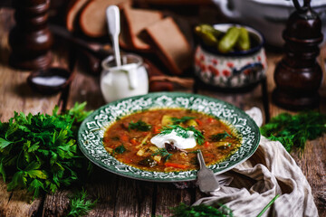 rassolnik ,traditional russian soup with pickles.style rustic