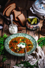 rassolnik ,traditional russian soup with pickles.style rustic