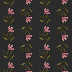 Watercolor pink flowers with green leaves on a dark gray background. Romantic seamless pattern for wallpaper and fabric design. Fashion floral print. Delicate giftwrap paper