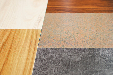 Laminated CPD/ Chipboard without PVC edge. Close-up, selective focus.