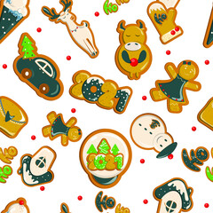 Gingerbread 2021 vector seamless pattern in the shape of a snowman, deer, bull, car, house,
mittens, envelope, ice cream, lettering. Packaging design, textiles.