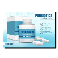 Probiotics Live Bacteria Promotional Poster Vector. Probiotics Pills Blank Bottle And Package Advertise Banner. Medicaments For Immune System And Support Health Style Concept Template Illustration