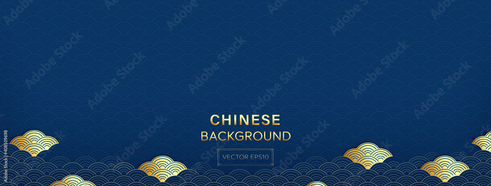 Canvas Prints oriental style pattern on blue banner background with golden waves at lower border