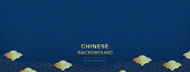 Oriental style pattern on blue banner background with golden waves at lower border