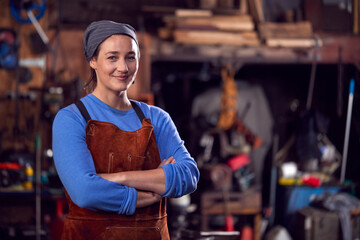 Portrait Of Female Blacksmith Wearing Headscarf Standing In Forge With Folded Arms