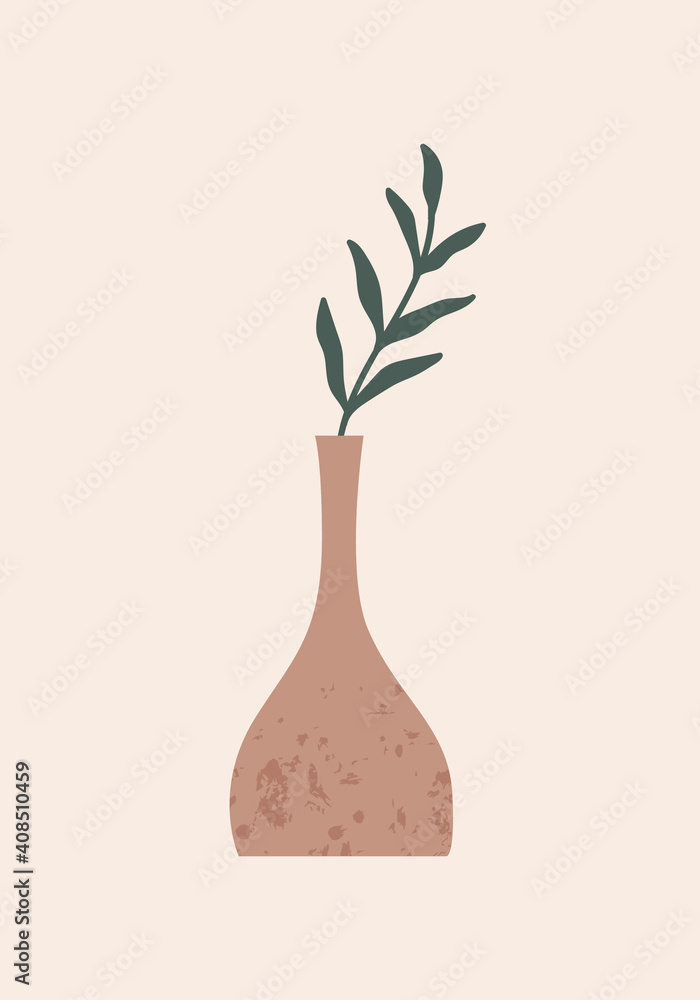 Poster modern abstract wall art with textured vase and plant on light background. vector minimalist hand dr