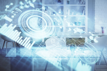 Double exposure of business theme drawing and office interior background. Concept of success