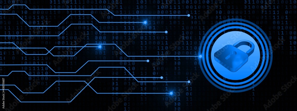 Poster cyber security concept - closed padlock with information connecting lines on digital binary code bac