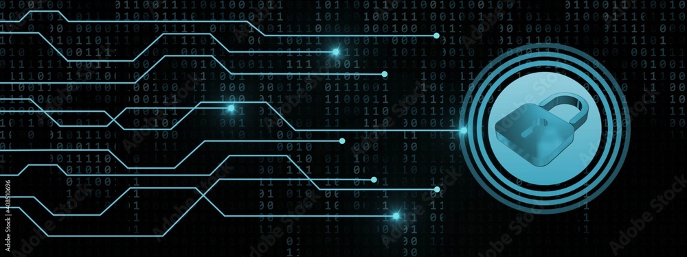 Poster cyber security concept - closed padlock with information connecting lines on digital binary code bac