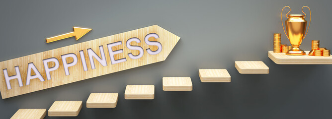 Happiness leads to money and success in business and life - symbolized by stairs and a Happiness sign pointing at golden money to show that Happiness helps becoming rich, 3d illustration
