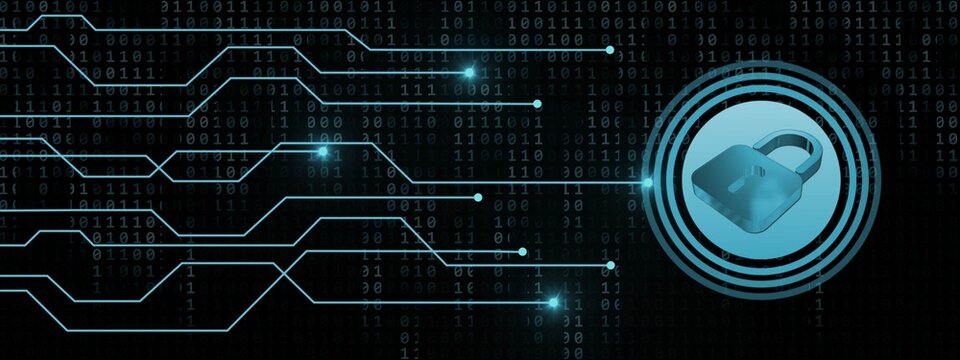 Cyber security concept - closed padlock with information connecting lines on digital binary code background - 3D Illustration