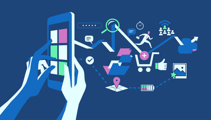 Le numerose possibilità delle applicazioni mobile. Le mani che interagiscono con un dispositivo digitale dal quale esce un flusso di icone © Hurca!